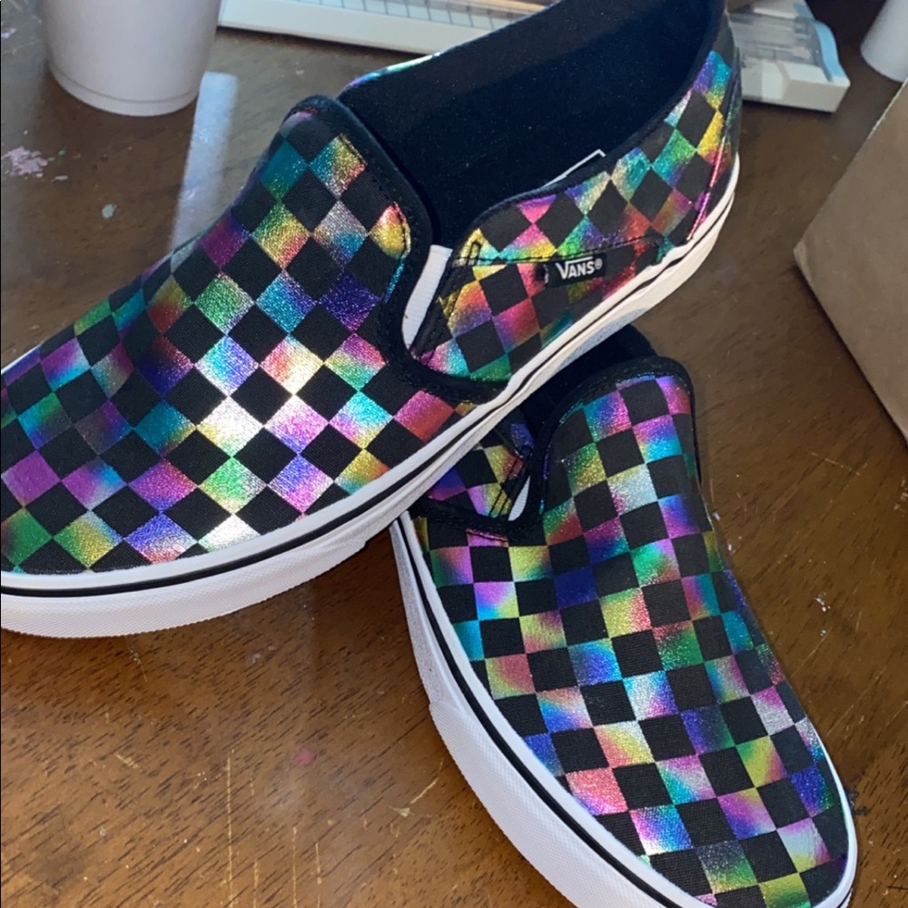 Holographic checkered vans slip ons
